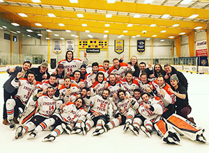 group photo of Indiana Tech's hockey team on the ice