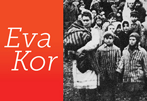graphic to promote Eva Kor's visit to Indiana Tech. within the graphic is a photo of prisoners at auschwitz.