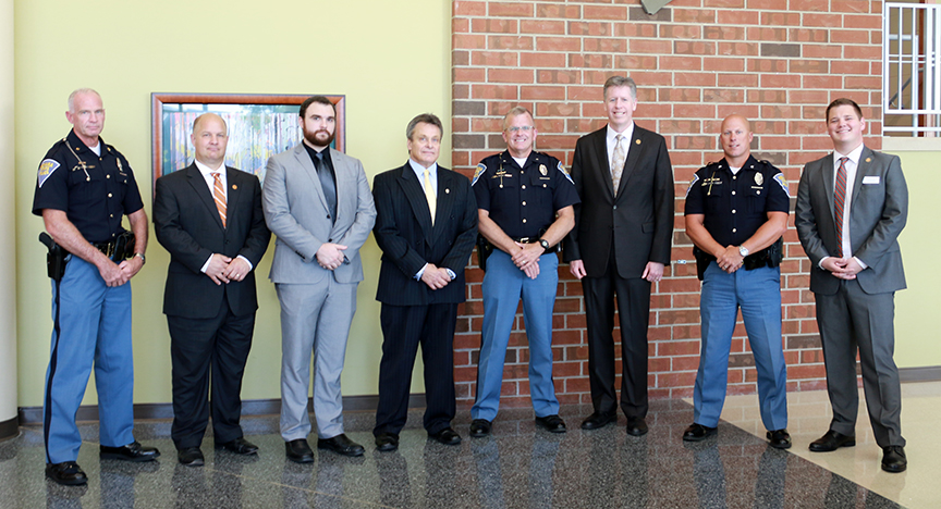 From left to right: Indiana State Police major Danny Price, Indiana Tech vice president for Academic Affairs, Dr. Thomas Kaplan; associate professor of criminal justice, Tyler Counsil; director of Indiana Tech’s Center for Criminal Justice, Dominic Lombardo; Indiana State Police superintendent Douglas Carter; Indiana Tech president Dr. Karl Einolf; Indiana State Police sergeant Matt Voorhees; Indiana Tech admissions representative Jackson Huff